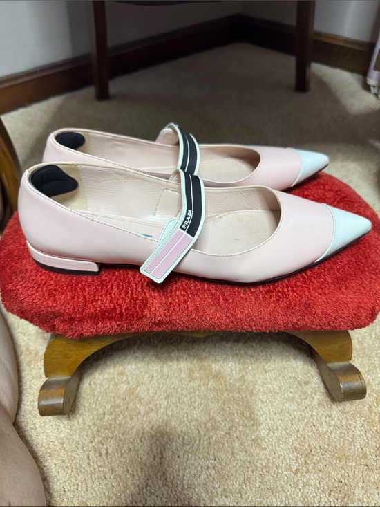 Prada Shoes - Prada Calfskin Women’s Pointed Toe Mary Jane Flats in Light Pink and White